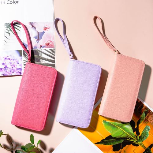 New Cross-border Long Macaron Color Zipper Wallet for Women with Lychee Pattern, Multi-compartment Handheld Bag, Wholesale
