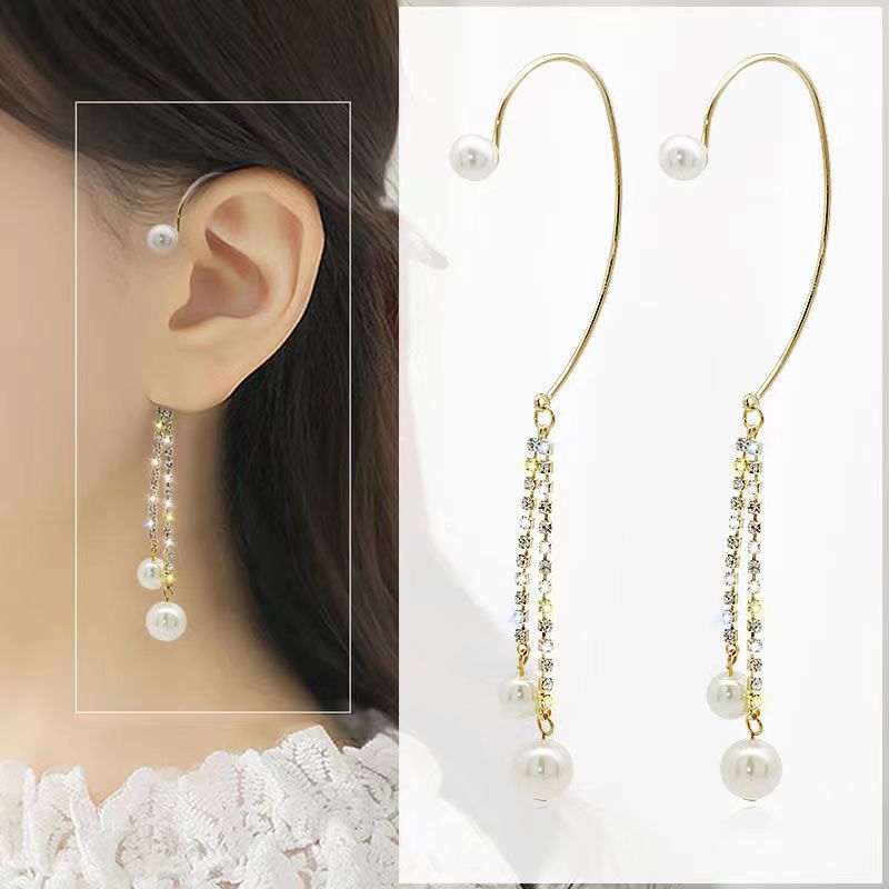 New Simple Gentle Pearl Ear Hanging Flash Diamond No Ear Holes Sweet Girl Long Tassel Super All-match Anti-pain Earrings
