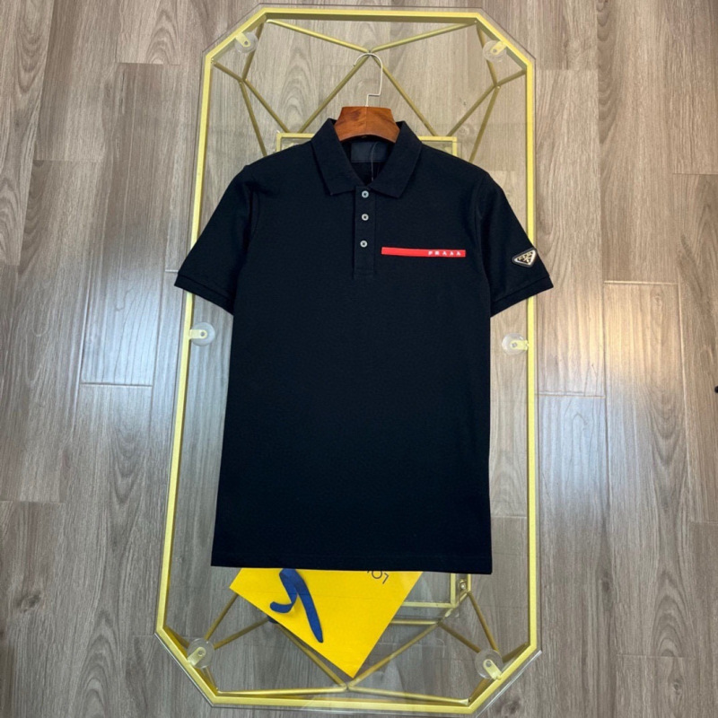 Cross-Border Correct Version 1.1 Pujia Pra2024 Letter Triangle Logo Pocket Lapel Polo Short-Sleeve T-Shirt for Men and Women
