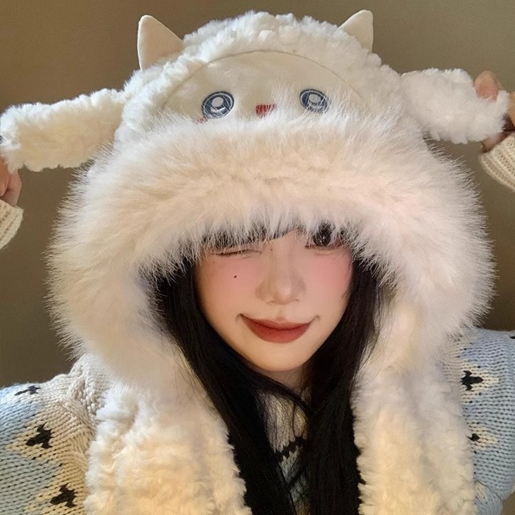 冬季新款小绵羊毛绒帽女帽子围巾一体保暖加厚防寒户外甜美雷锋帽|undefined