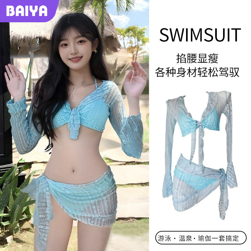 Traje de baño bikini femenino dividido traje de cuatro piezas puro viento encaje manga larga protector solar aguas termales playa traje de baño de vacaciones