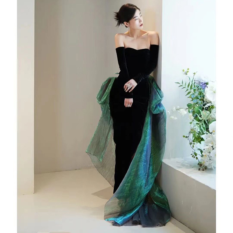 Vestido de noche negro para las mujeres 2024 nuevo banquete elegante tubo superior anfitrión elegante cola de pez largo vestido de adelgazamiento
