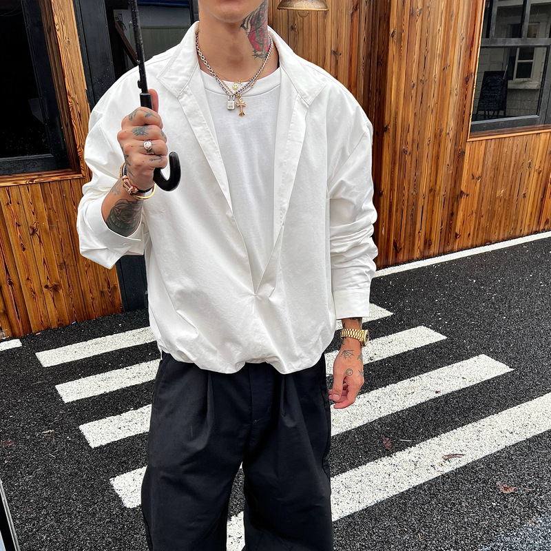 OXFREAK「首尔风情」高支全棉假两件衬衫男设计感小众套头式衬衣|undefined