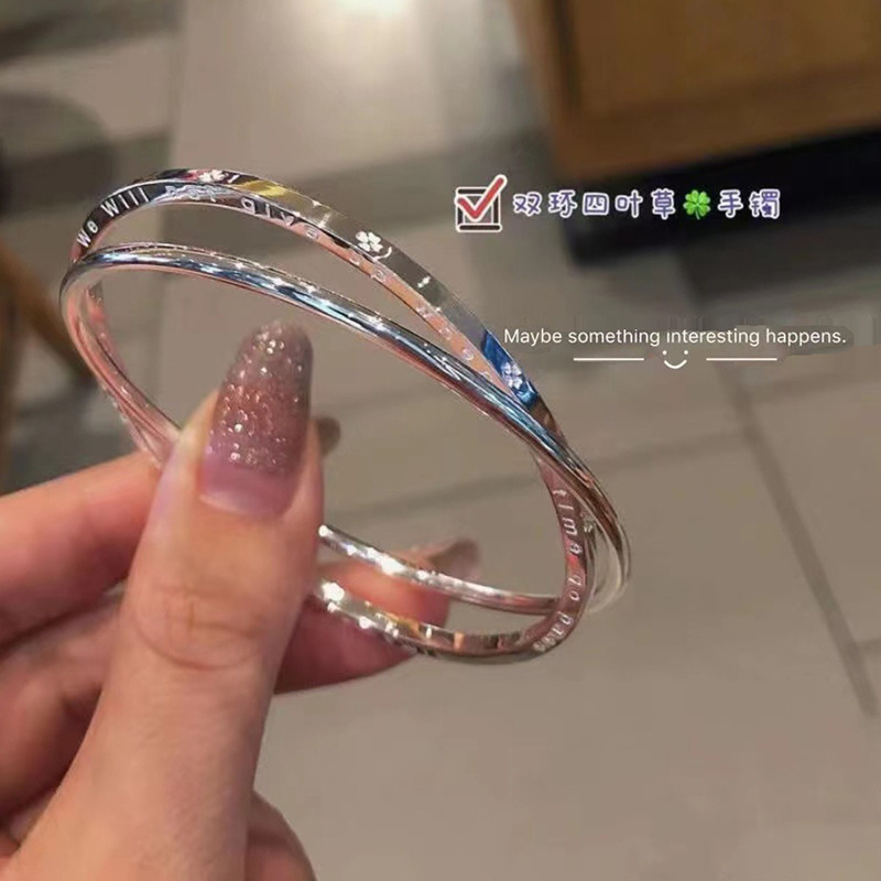双环四叶草镀纯银手镯女光面实心闭口镯子闺蜜年轻款三生三世手环|undefined