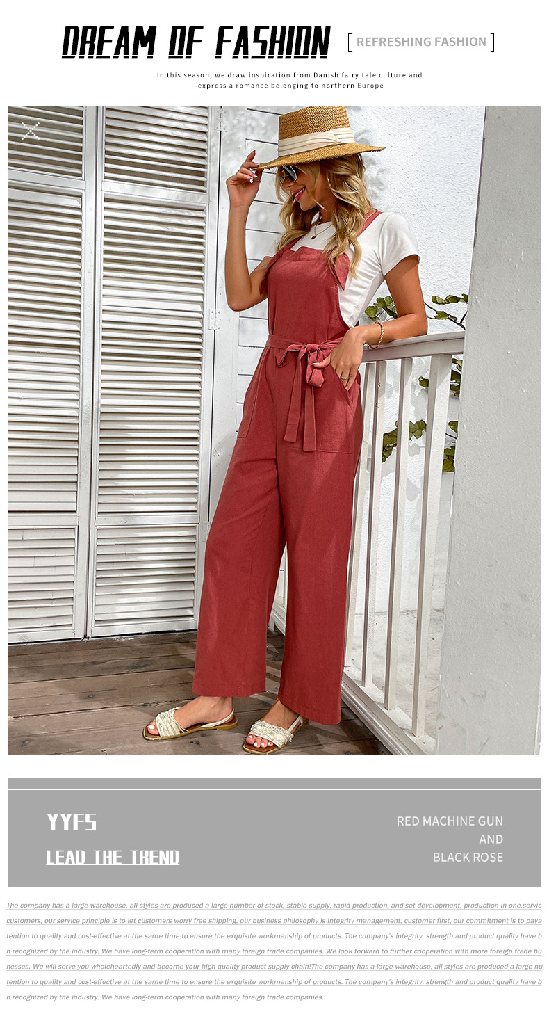 Red Retro Wide-leg High-waisted Slim Cotton and Linen Overalls_voghion.com