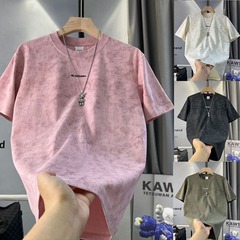 2025 夏の新メンズ半袖 Tシャツ無地シンプルなトレンディな若者ハイエンドシャツ絞り染めレタートップ