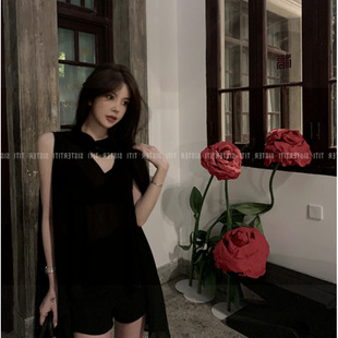 French Sexy Black Halterneck Off-Shoulder Shirt Top for Women, High-End Pure Desire Sleeveless V Neck Chiffon Shirt