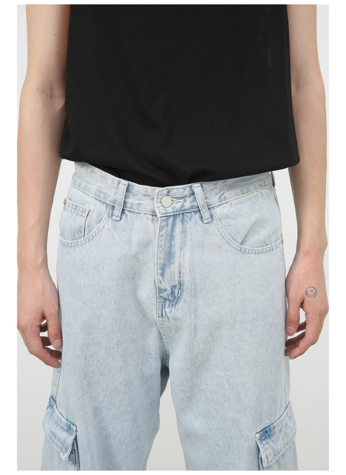 Quần jean nam ống rộng ống đứng dáng suông, vải denim giặt cổ điển, nhiều túi — Màu xanh lam chi tiết 11