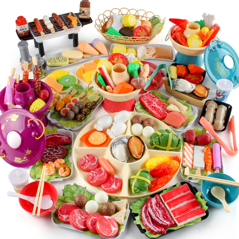 Casa de juego de los niños juguetes de cocina olla caliente brochetas barbacoa traje pequeño olla caliente brochetas ingredientes utensilios de cocina caja de color