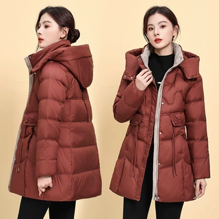 羽绒服女士中长款冬季白鸭绒连帽收腰显瘦白鸭绒百搭洋气保暖外套