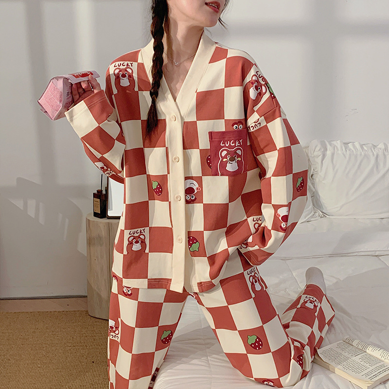 Autumn and Winter Pajamas for Women, Imitation Cotton Long-Sleeved Pants, V Neck Kimono Cardigan, Loose Large Size Home Wear V Suit That Can Be Worn Outside