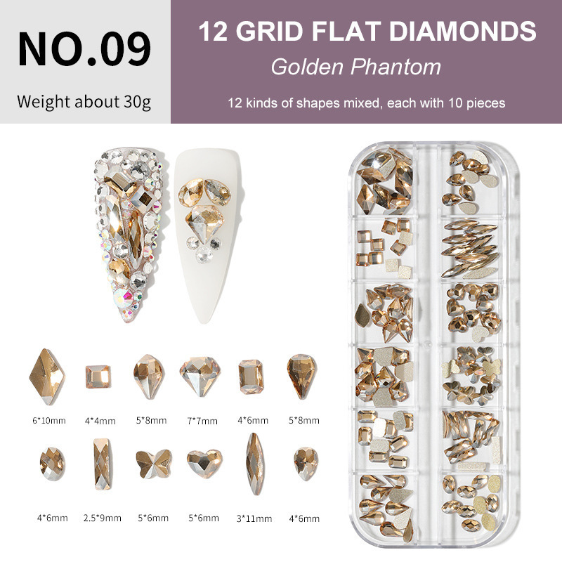 Joyería de uñas 12 rejilla mixta K9 plana en forma especial Temperatura de diamante Elf color mágico especial en forma de diamantes de imitación joyería de uñas al por mayor