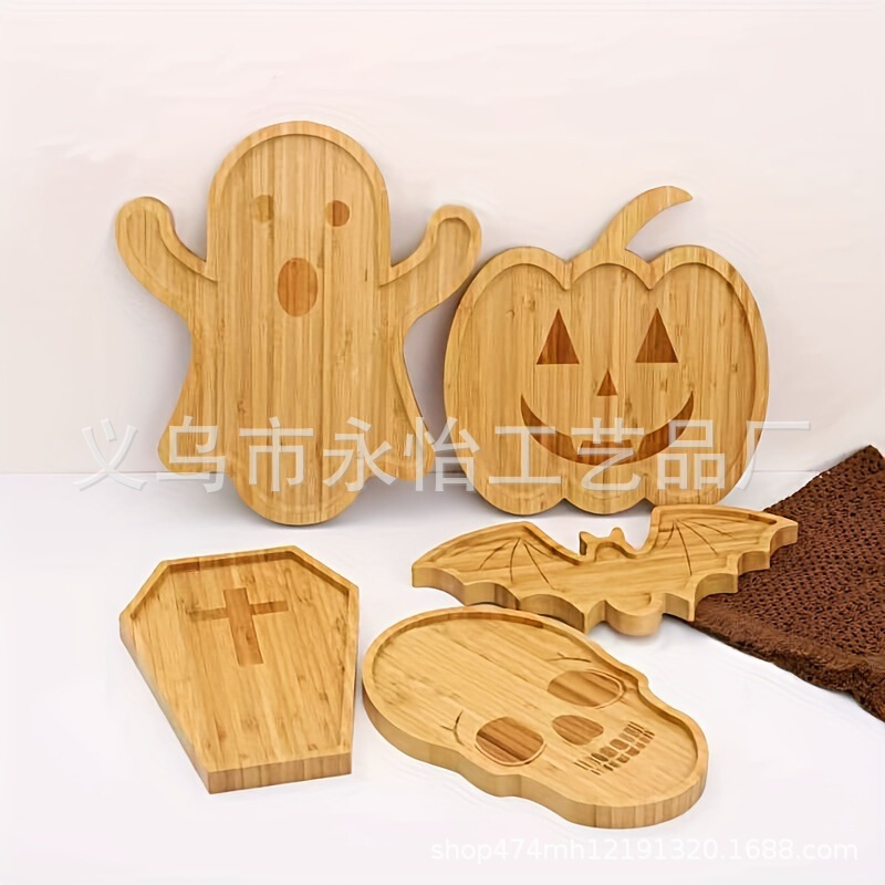 竹製サンタクロース幽霊カボチャトレイクリスマスハロウィーン装飾皿実木熟食木トレイ|undefined