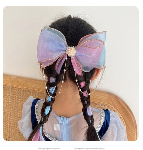 Children's braided hair bow hairpin colorful bead chain long ribbon female headwear sweet Korean style mesh hairpin on the back of the head