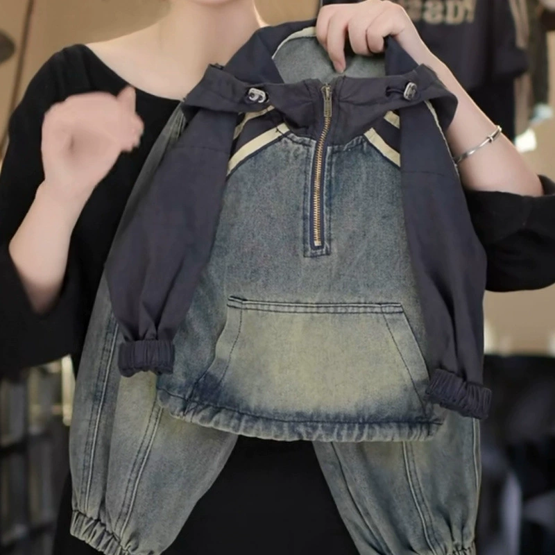 Дети 2025 весна и осень новая детская девочка-мальчик модный дизайн с капюшоном полузастежка джинсовая куртка