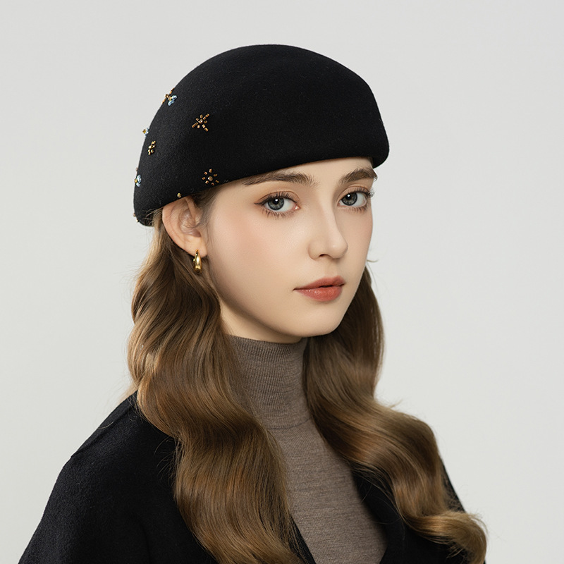 秋冬季新款时尚羊毛韩版水钻花朵装饰英伦蓓蕾帽优雅女士帽子批发|undefined