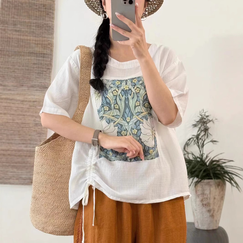 Ancient Cafe Clothing Summer Vintage Linen Printed Top Women's Round Neck Short-sleeved Loose Front Placket Lace-up Pullover T-shirt Ancient Cafe Clothing Summer Vintage Linen Printed Top Women's Round Neck Short-sleeved Loose Front Placket Lace-up Pullover T-shirt