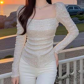 时尚方领上衣2026新款女春秋季甜酷辣妹风设计感别致亮片打底衫恤