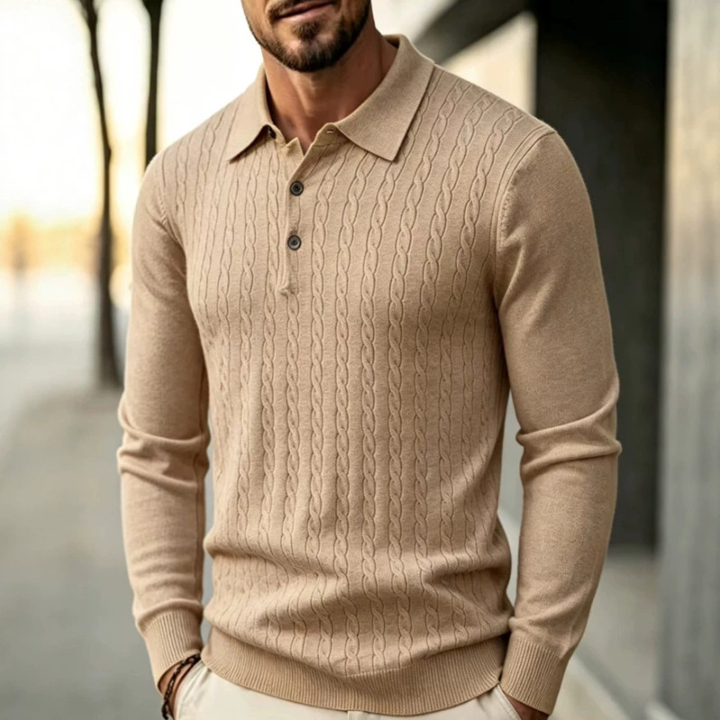 In-Stock Solid Color Jacquard Lapel Knit Polo Shirt for Men, Slim Fit Long-Sleeve Cable Knit Sweater, Base Layer Top, Men's Clothing