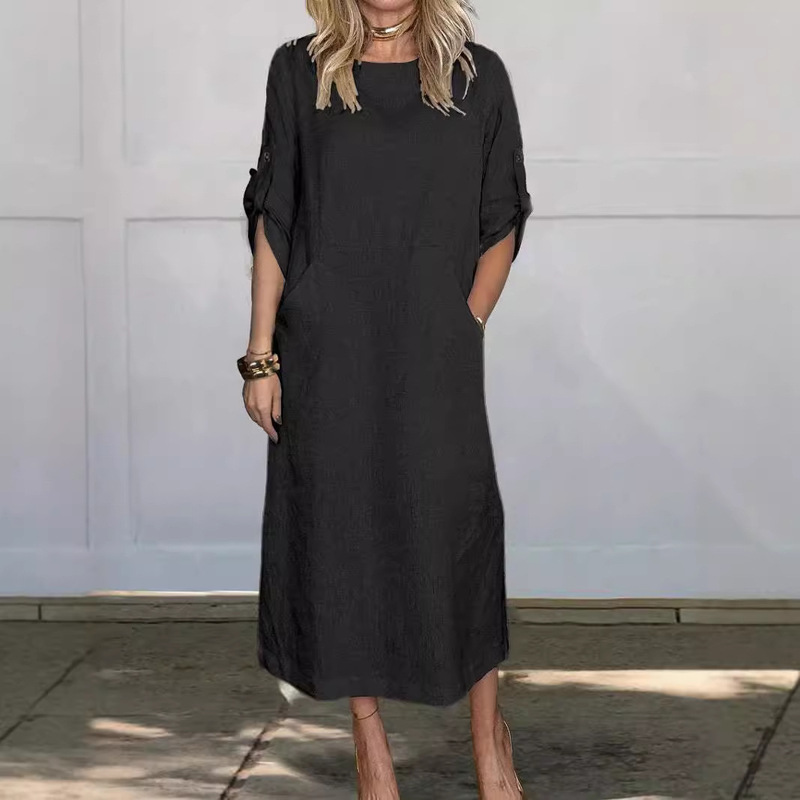2024 Autumn and Winter European and American Hot Style Women's Independent Station Cotton and Linen Solid Color Casual Round Neck Double Side Pocket Long Dress 2024 Autumn and Winter European and American Hot Style Women's Independent Station Cotton and Linen Solid Color Casual Round Neck Double Side Pocket Long Dress