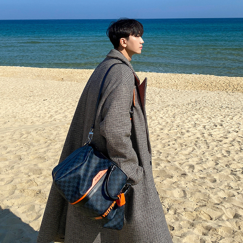 MYQ日系格子毛呢大衣男中长款韩版潮流秋冬季风衣宽松休闲外套