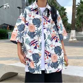 夏威夷沙滩冰丝衬衫男夏度假港风潮流宽松加肥大码短袖花衬衣外套