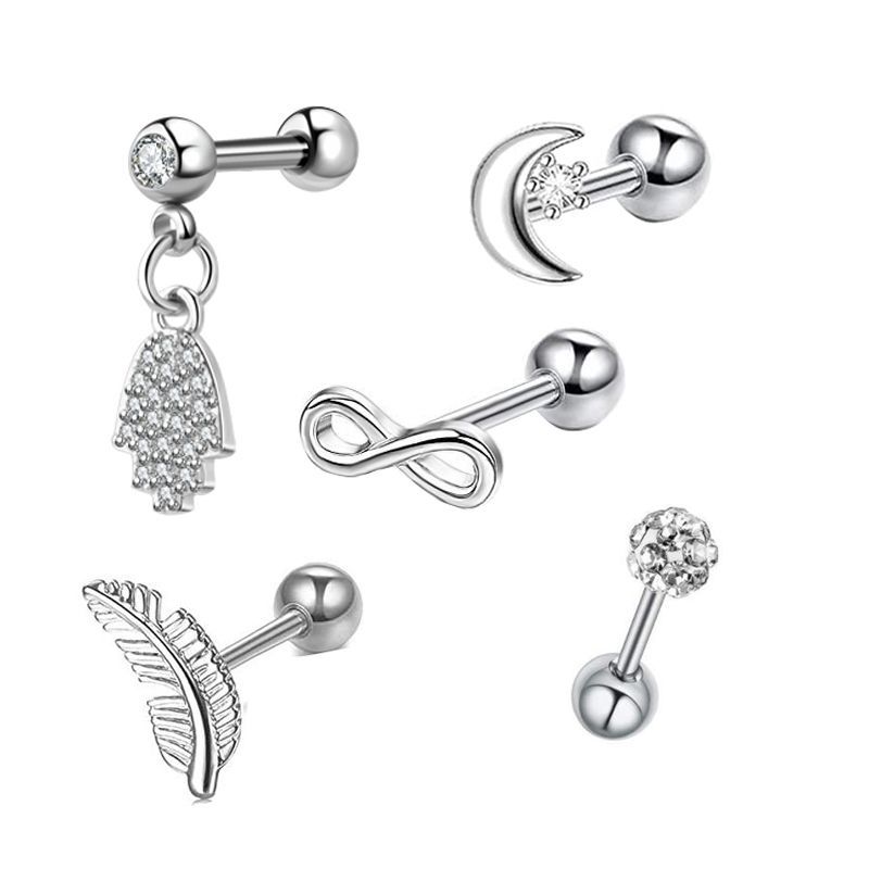 5-Piece Geometric Stainless Steel Zircon Earrings Set - Silver Twisted Studs for Women Men detail image 7