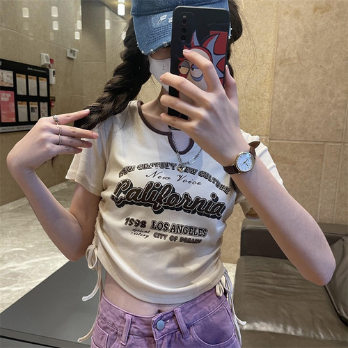 Pure desire American retro sweet hot girl drawstring contrasting color V-neck short-sleeved T-shirt women's summer irregular slimming short top