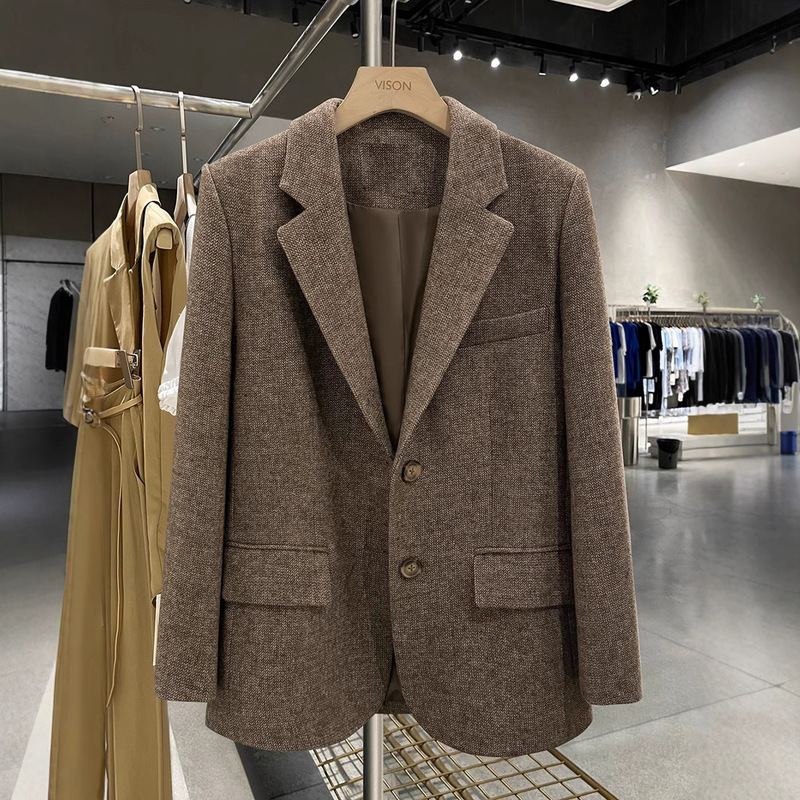 2025 Winter New Brown Vintage Woolen Blazer for Women Korean Style Herringbone Pattern Elegant Versatile Top