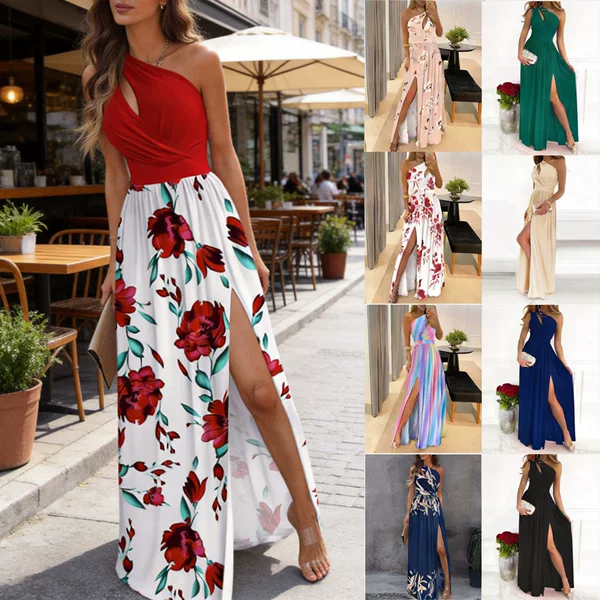 2026 New Style One-Shoulder Long Dress, Elegant Sleeveless Sexy High-Waisted Slit Dress, Amazon European and American Women's Fashion Export