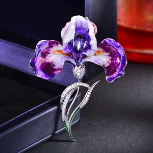 Retro Chinese-Style Iris Flower Brooch with Enamel and Oil-Drip Rhinestones, Elegant Floral Brooch, Suit Jacket Accessory