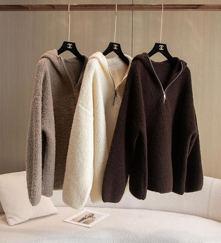 Lazy! Granular Loop Wool Half Zip Loose Hooded Sweater Coat Head Knitted Sweater Lazy! Granular Loop Wool Half Zip Loose Hooded Sweater Coat Head Knitted Sweater