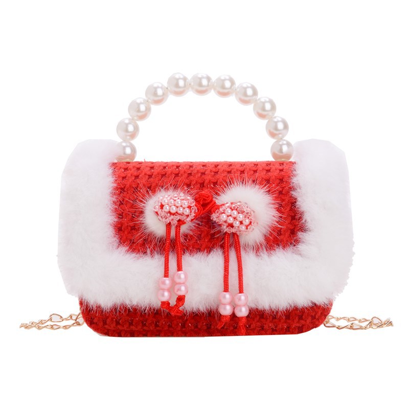 2025 bolsos de Año Nuevo para niños bolsos de perlas princesa de estilo cuadrado bolsos de hombro de cadenas de peluche niñas