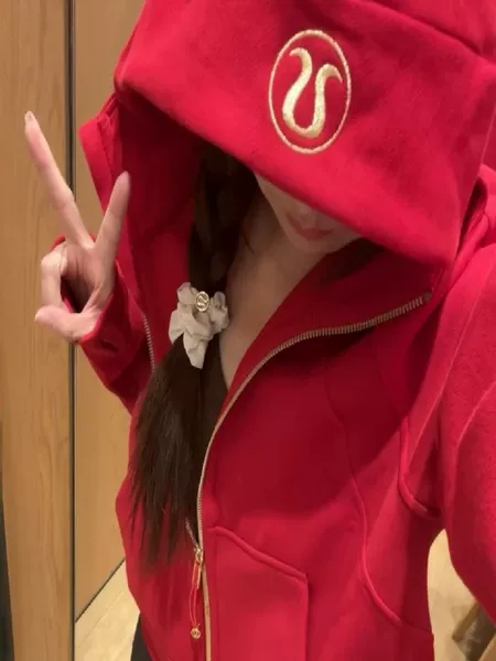 Cross-border lulu embroidered Scuba loose full-zip hooded jacket for outdoor sports, fleece-lined and warm yoga sweatshirt
