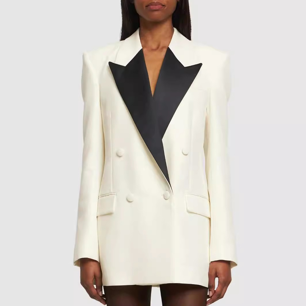 2026 Spring and Autumn New Style Color-Block Lapel Double-Breasted Slim Fit Mid-Length Women's Blazer Jacket