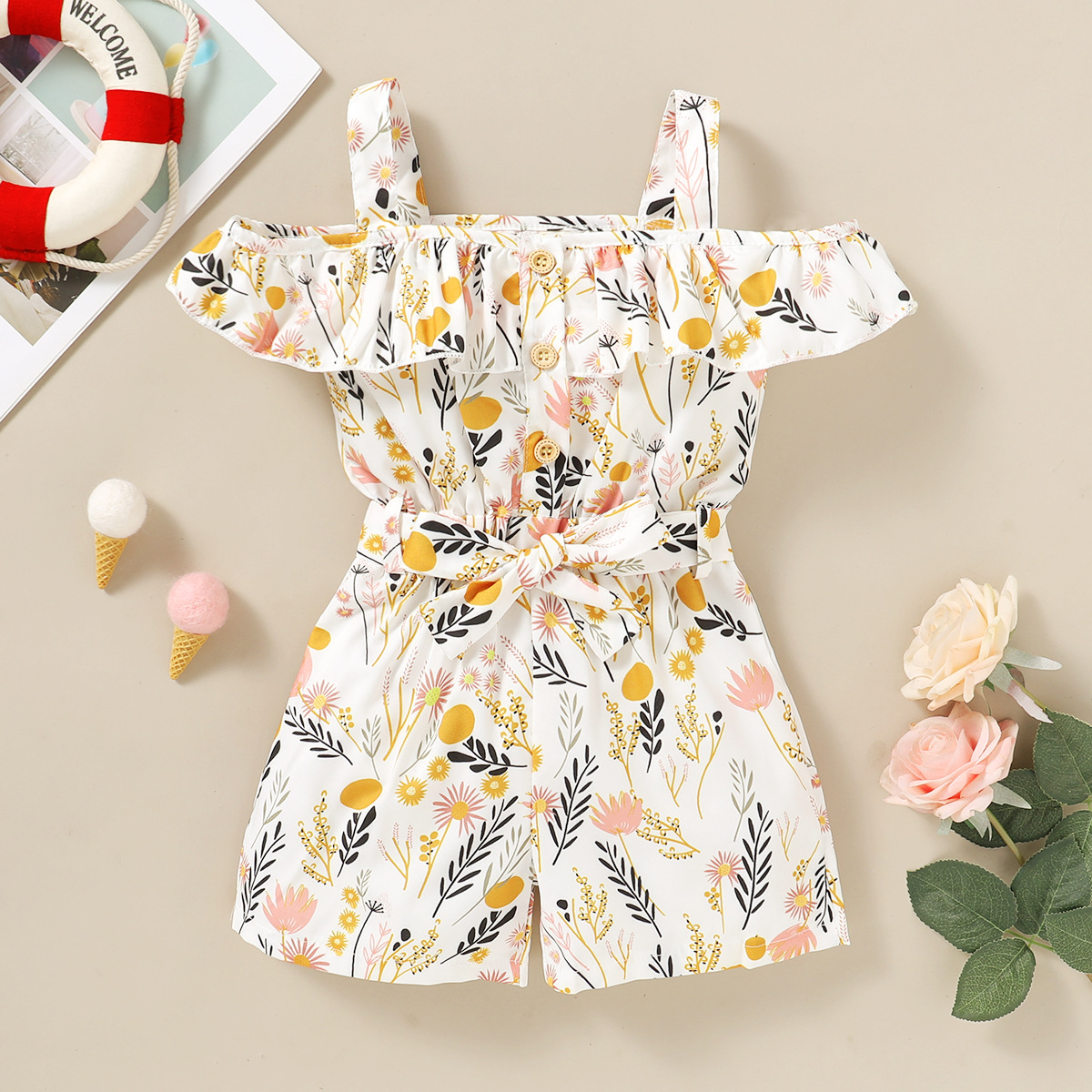 Cute Fashion Children's Clothing Girl Floral One-shoulder Sling Jumpsuits display picture 3