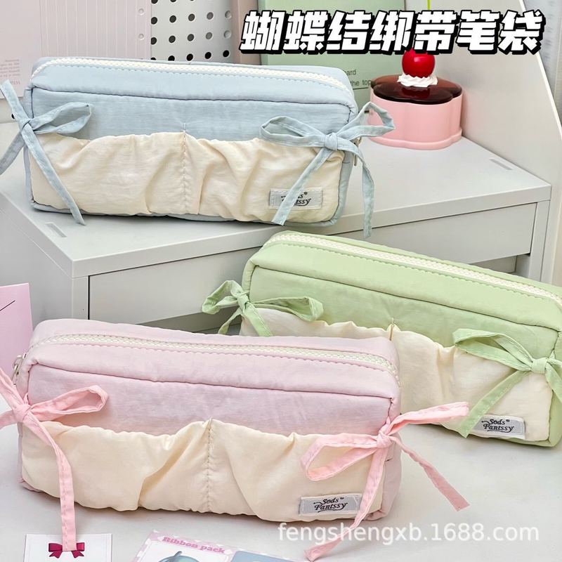 小红书同款ins高颜值云朵吐司丝带蝴蝶结笔袋白绿拼色学生铅笔袋|undefined