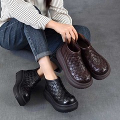 以一秋冬新款头层牛皮矮靴复古休闲厚底松糕鞋手工编织真皮短靴女