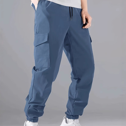 Men's European Size American Style Comfort Work Pants with Multiple Pockets, Drawstring Pants, Loose Casual Pants