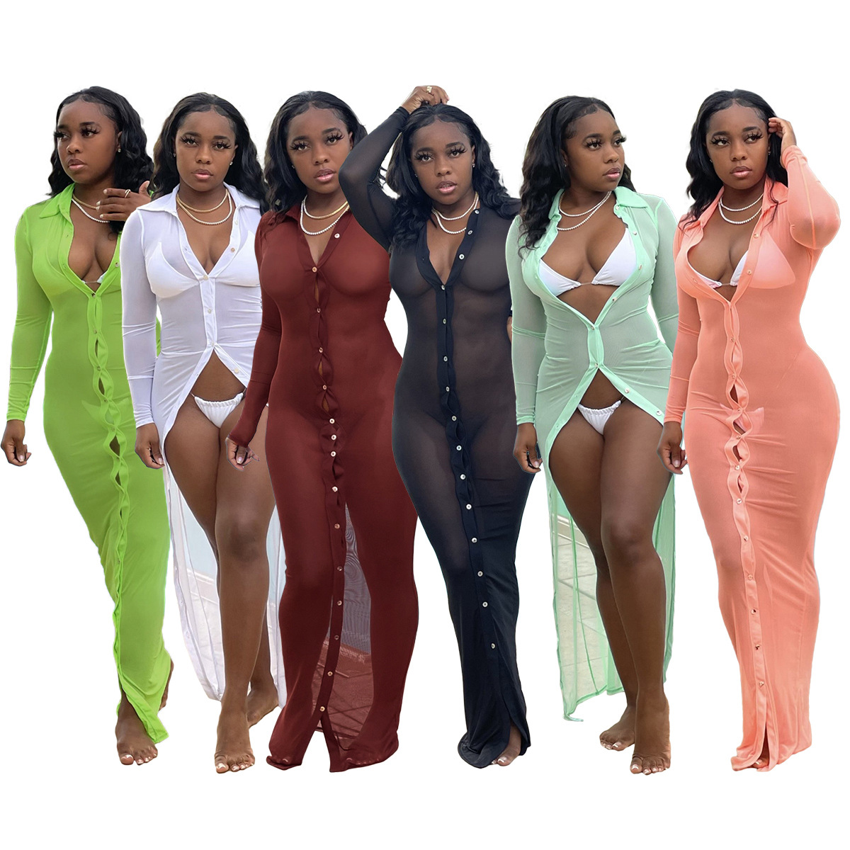 A8822 European and American women's clothing 2021 autumn new fashion sexy perspective mesh long sleeve sunscreen dress