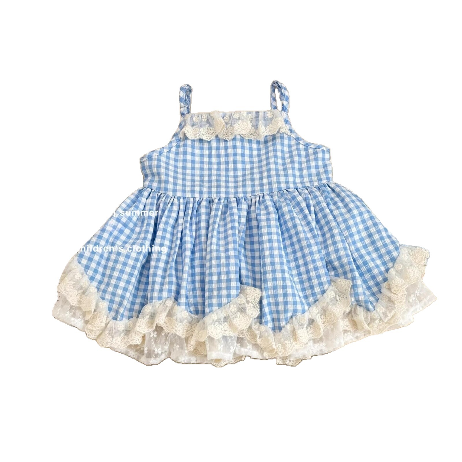[Sombrero gratis] Vestido de niña de descanso de té verano nuevo estilo para niños falda de tirantes a cuadros falda de encaje