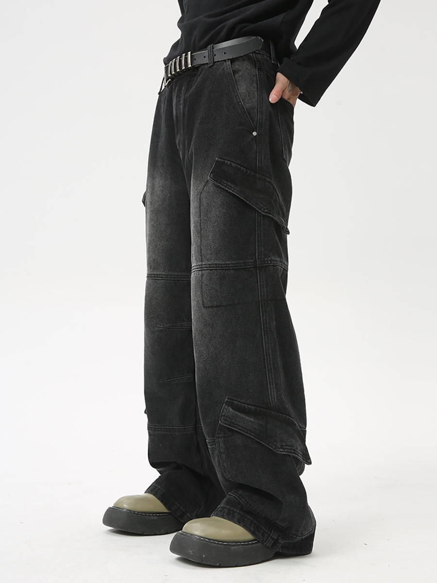 MTLCLOTHES para hombre | 2024 verano nuevo producto American Heavy Industries deconstruido multibolsillos pantalones vaqueros de trabajo de pierna ancha