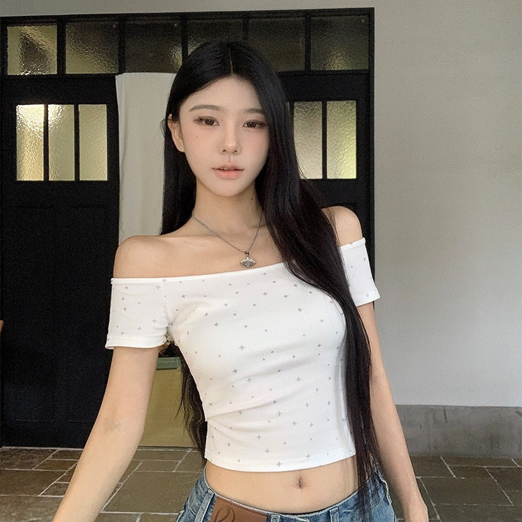 Women's sexy off-shoulder short-sleeved T-shirt, trendy summer style, new export style, slim fit, base layer top.