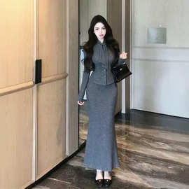 法式轻熟气质套装飘带长袖开衫上衣女2026秋冬款包臀半身裙两件套