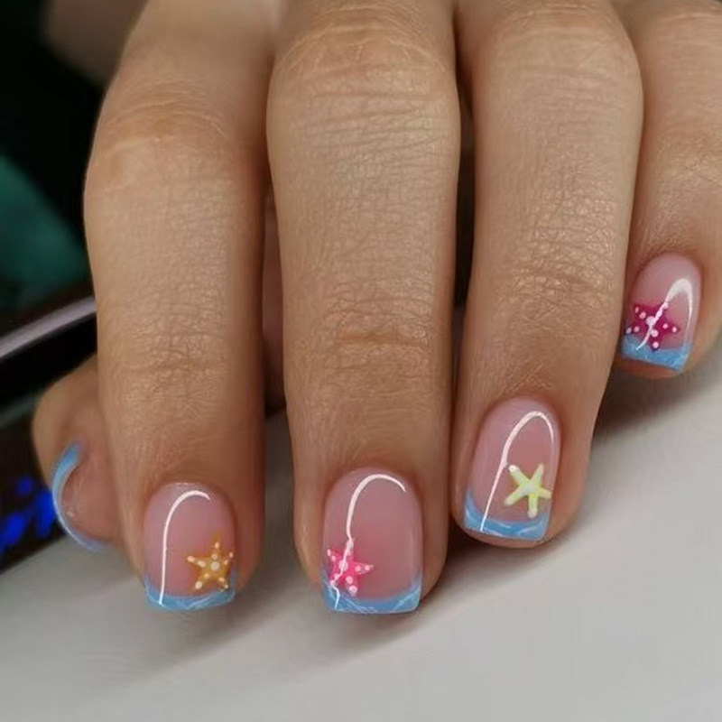 Summer Blue Waves French-Style Colorful Starfish Design Short Square Press-On Nails False Nails Nail Stickers Cross-Border