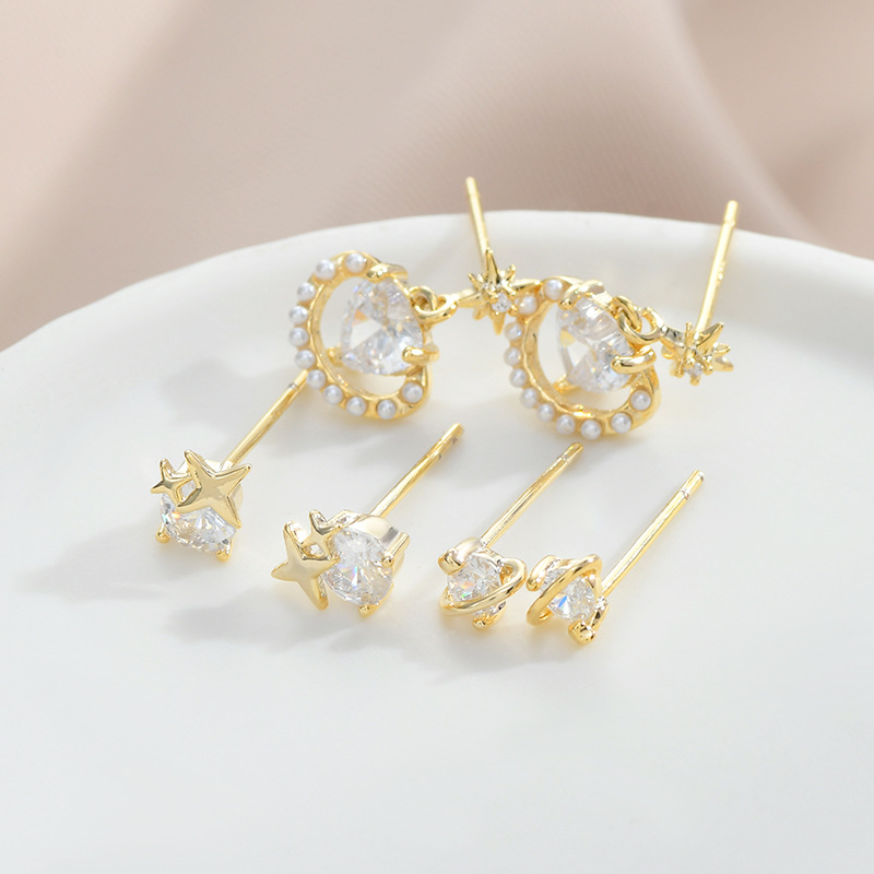 3 Pairs Simple Style Star Copper Inlay Artificial Pearls Zircon Ear Studs display picture 4
