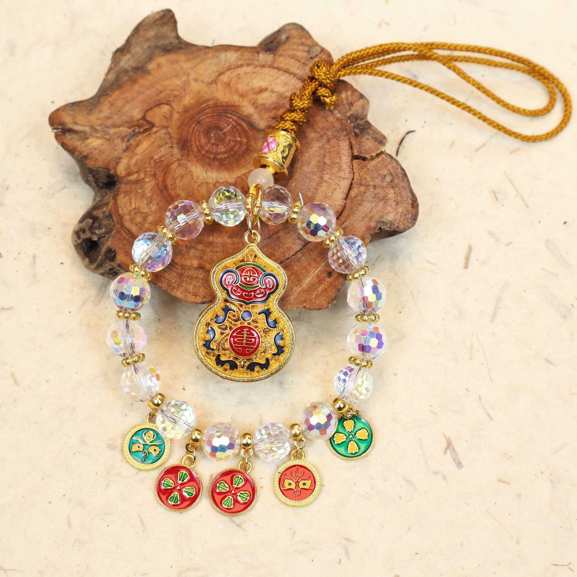 Crystal Five-Path Fortune God Car Hanging Ornament, Multicolor Abacus Lock, High-End Rearview Mirror Decoration, Wealth-Attracting Car Pendant, Interior Car Decoration