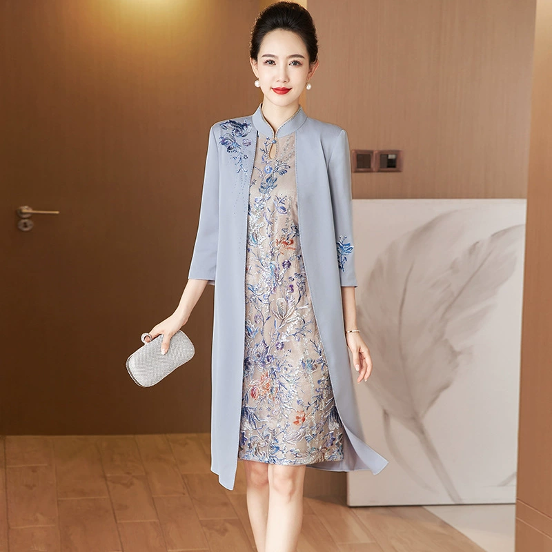 Весной и осенью Новинка, покрывающее живот, поддельное платье для похудения из двух частей, банкетное вечернее платье для тещи, платье для матери, приталенное платье-Чонсам в западном стиле