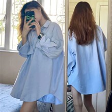 蓝色大码衬衫女长袖休闲长款外套宽松衣服外穿上衣女春季洋气衬衣