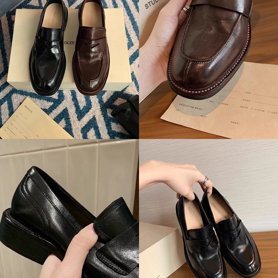 Giày lười nữ da bò mũi tròn gót vừa 3–5 cm — Điểm đen, Đốm nâu cổ điển